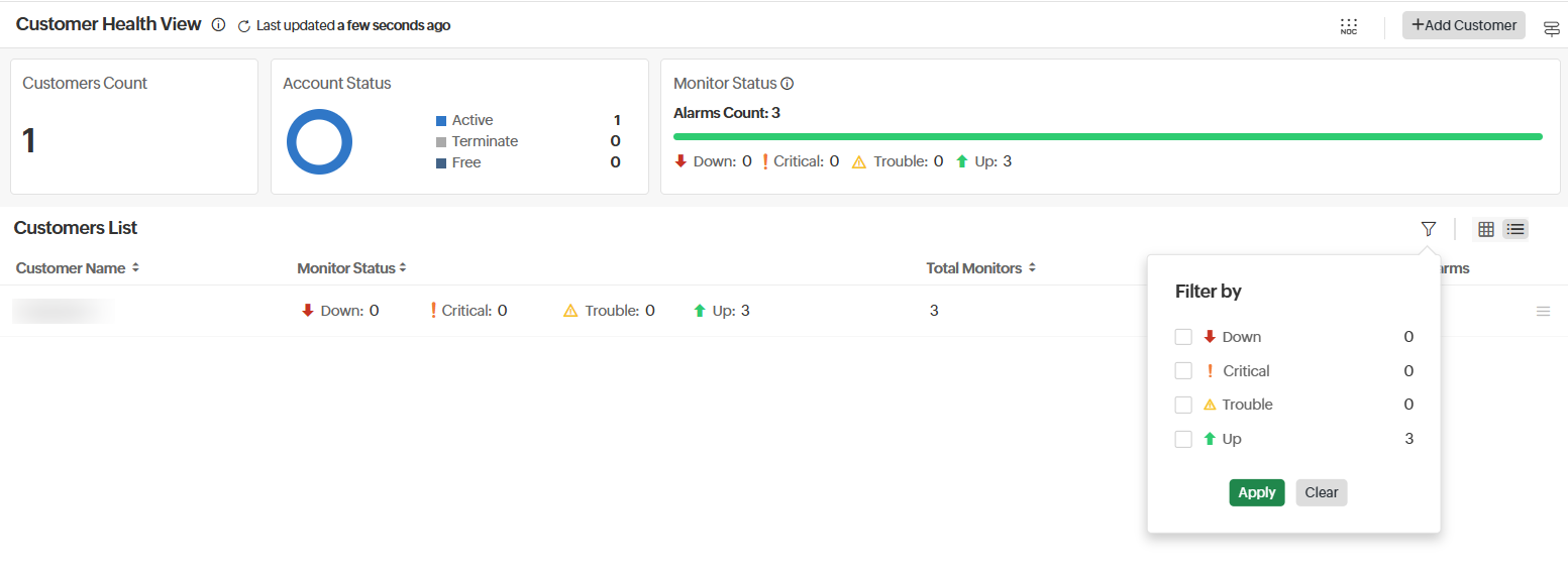 Customer health view filter