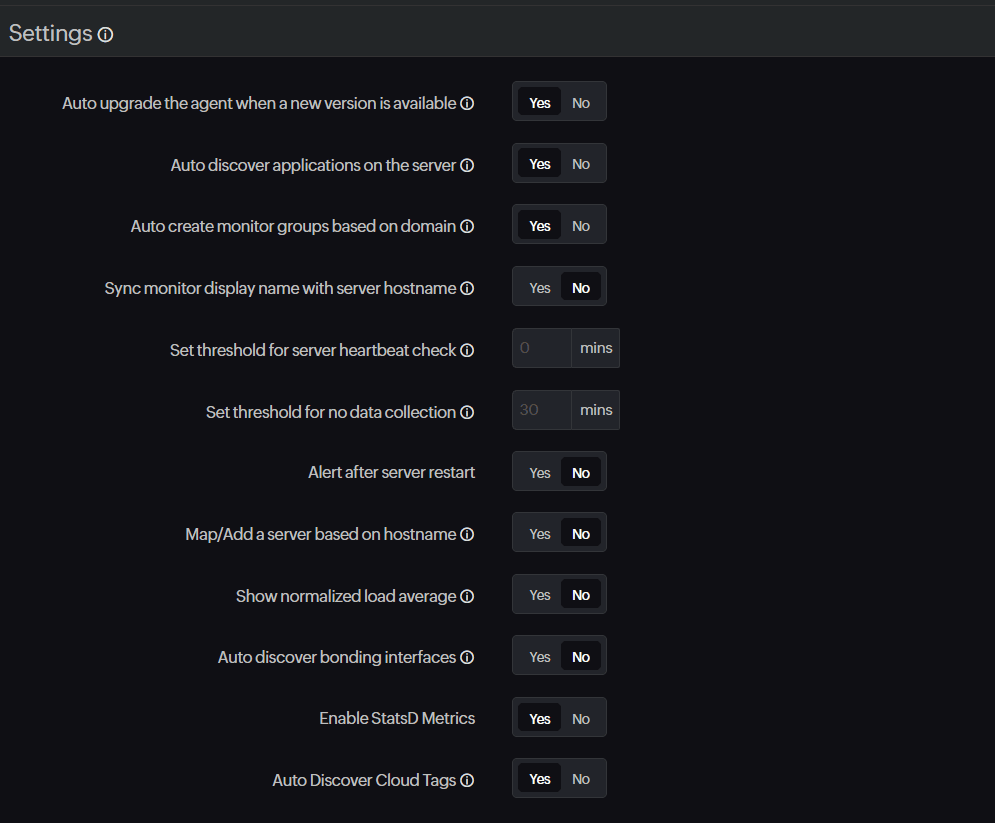 screenshot of the settings page of server monitor
