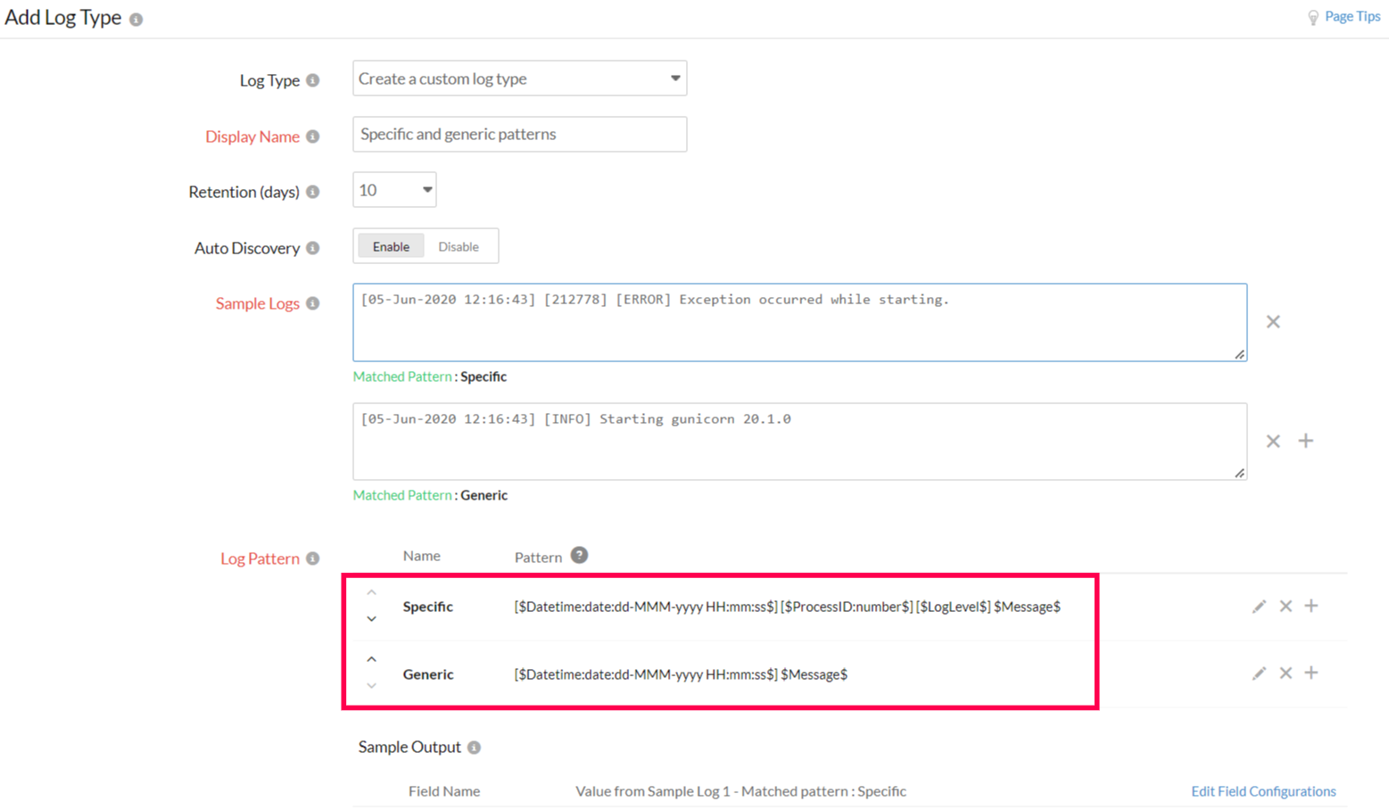 specific-log-pattern Log pattern